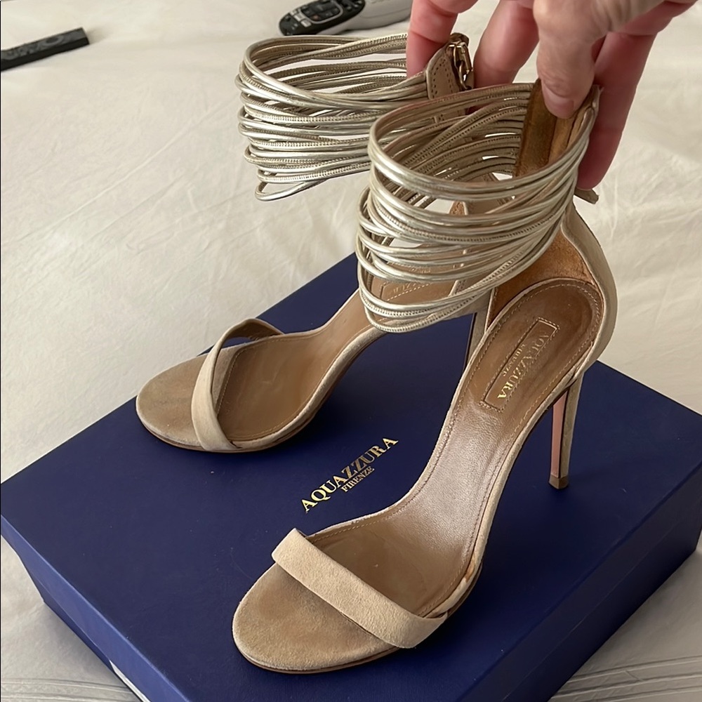 AQUAZZURA nude and silver gold lame strappy heels. Size 38 (8)